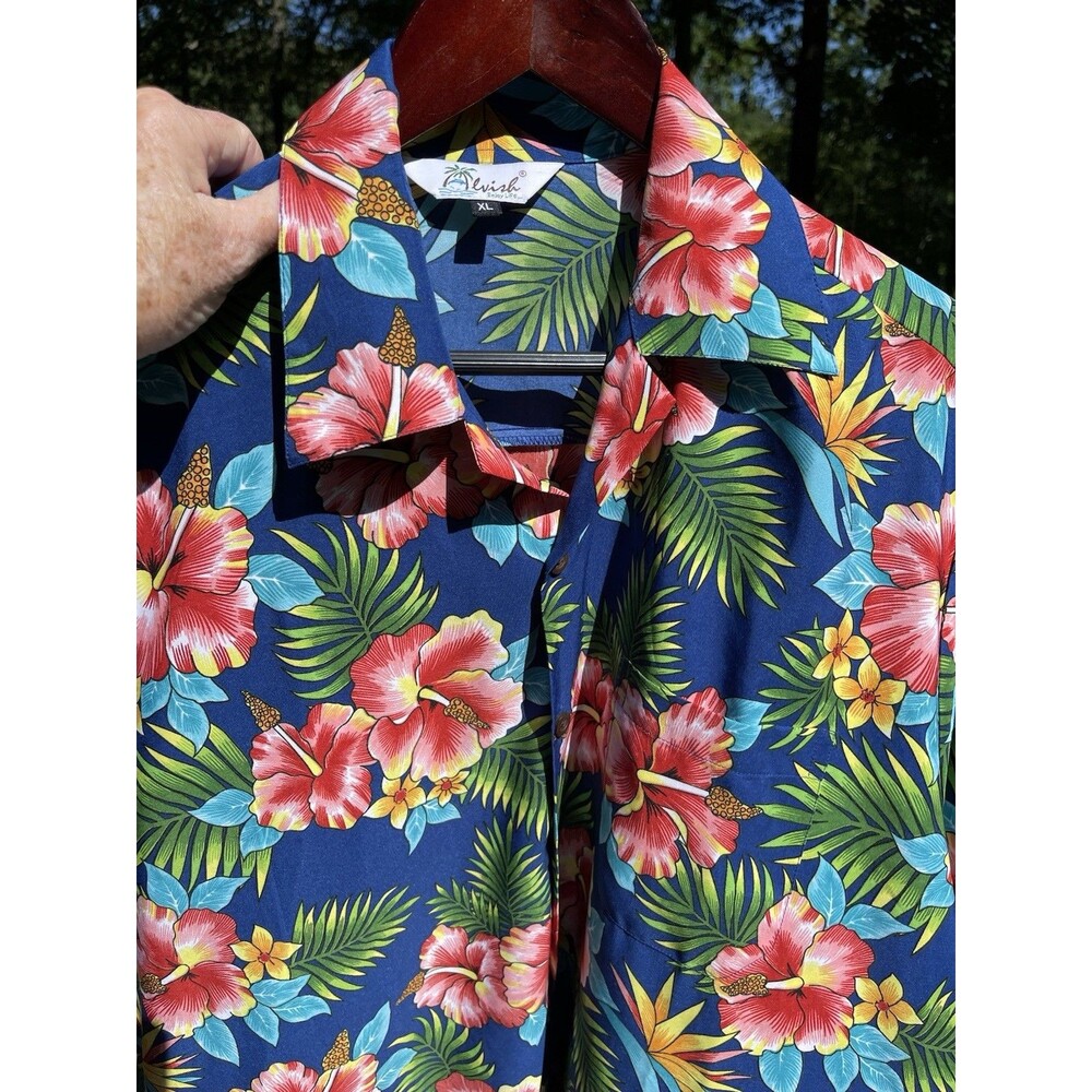 Alvish Enjoy Life Blue Tropical Hibiscus Hawaiian Camp Shirt Lightweight Men XL